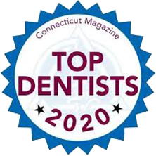 The image features a badge with text indicating that a dentist is among the top in their field for 2020, as recognized by Connecticut Magazine.