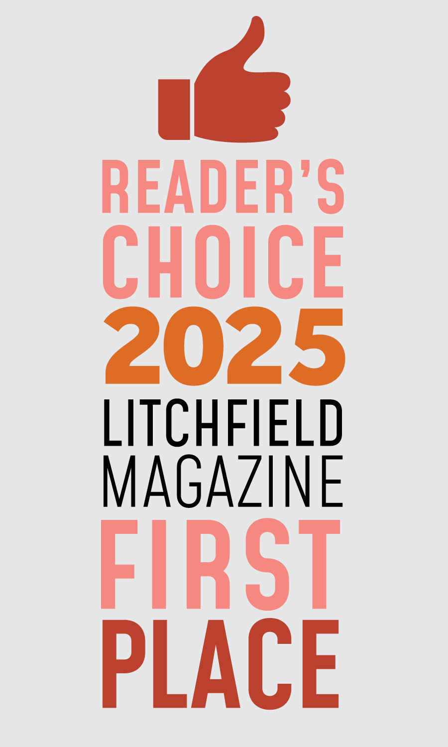 The image displays a graphic with text that reads  READER S CHOICE 2025  at the top, followed by  LITTLEFIELD MAGAZINE  below in larger font size. At the bottom of the image, there is an emoji of a thumbs-up sign and additional text stating  FIRST PLACE.  The background is a gradient from white to gray with a red border framing the entire graphic.