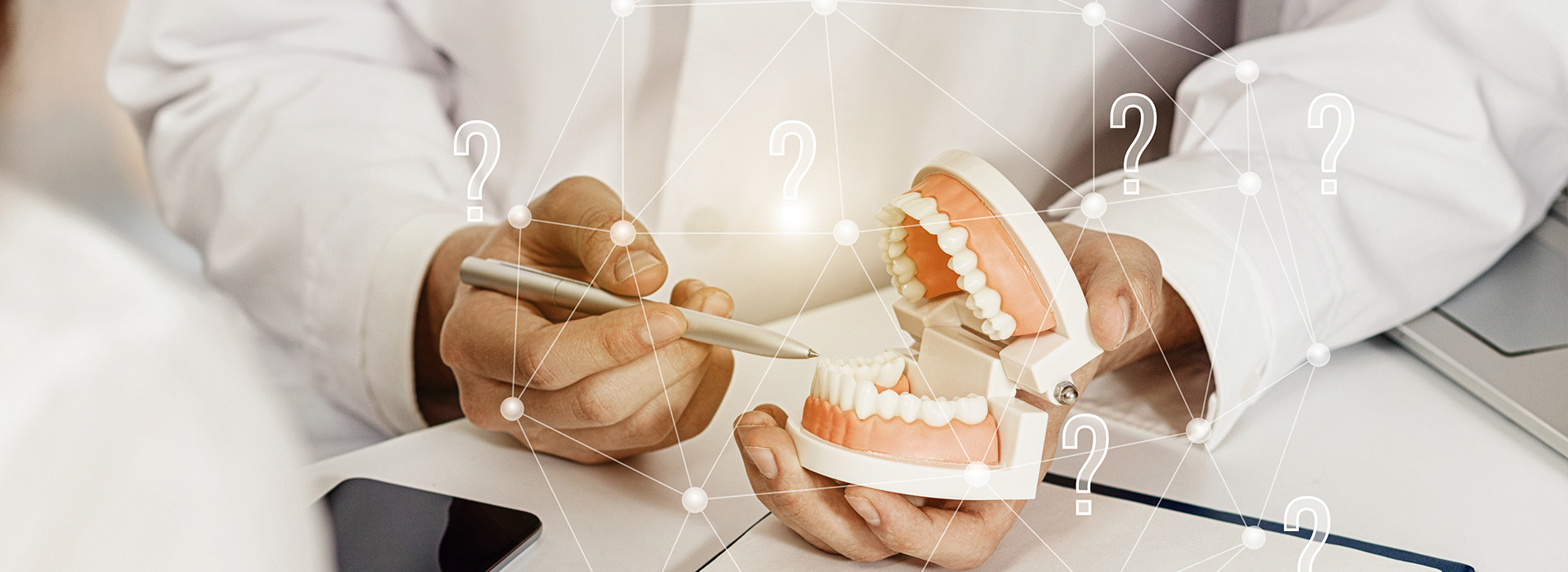 The image shows a person holding a 3D model of a human mouth with teeth and gums, while another individual appears to be examining the model at a desk with a laptop. The setting suggests an educational or medical environment focused on dental or oral health.